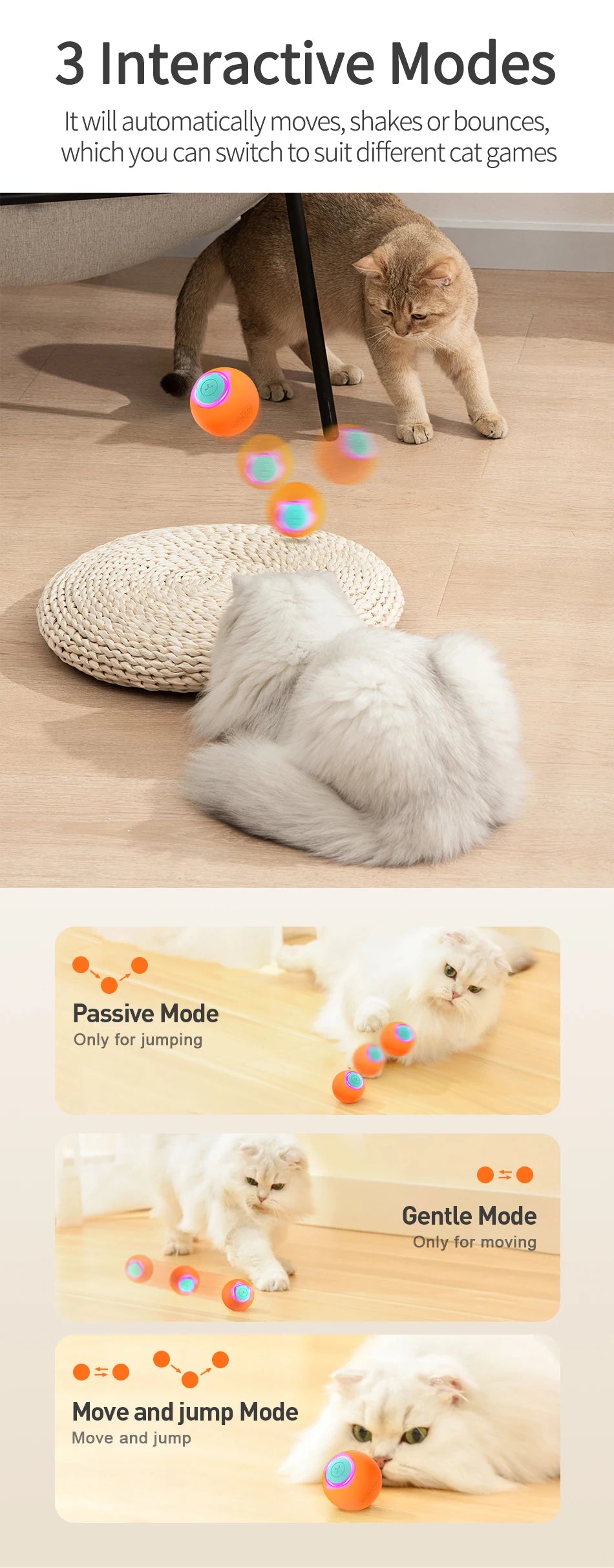 ROJECO Smart Cat Toys Interactive Cat Bouncing Ball Automatic Rolling Ball Training 360° Auto-Rotating Electric Toy For Dog Pet