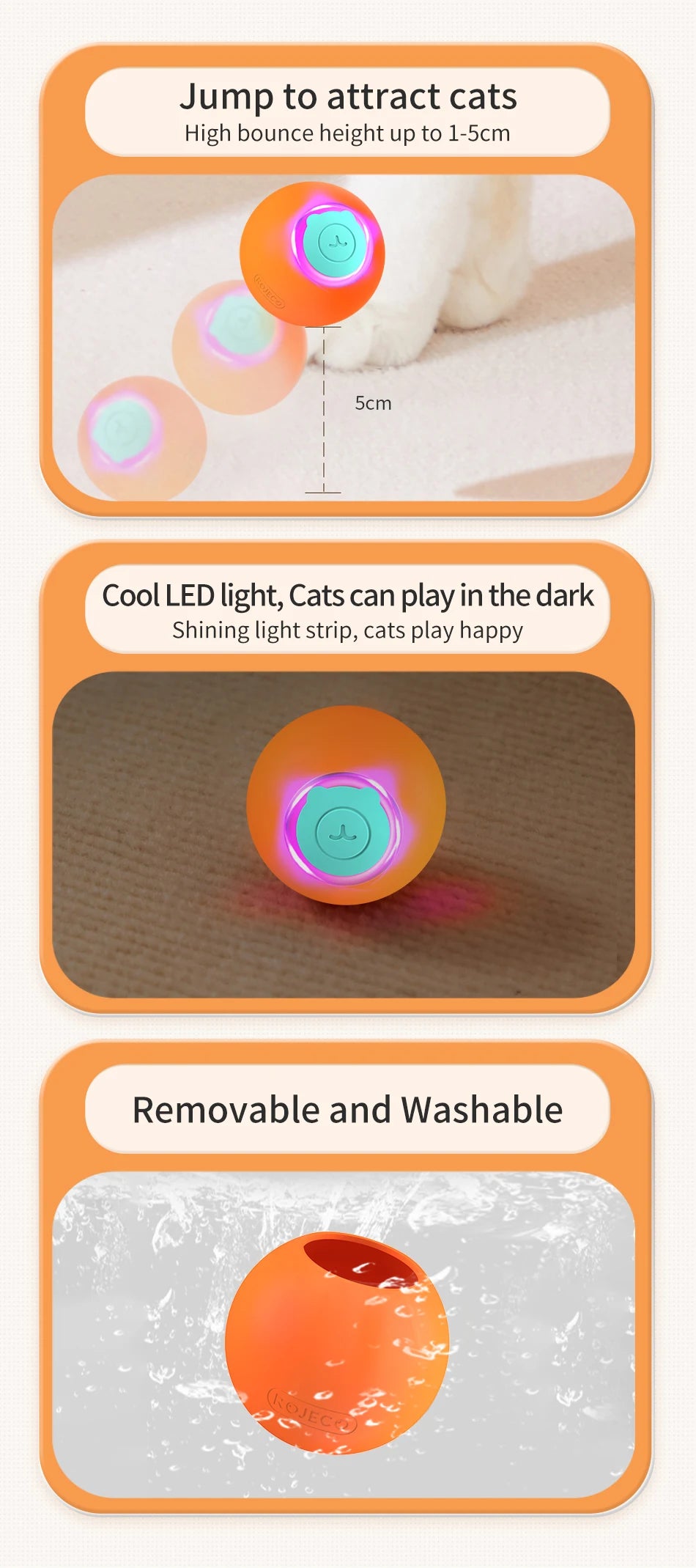 ROJECO Smart Cat Toys Interactive Cat Bouncing Ball Automatic Rolling Ball Training 360° Auto-Rotating Electric Toy For Dog Pet